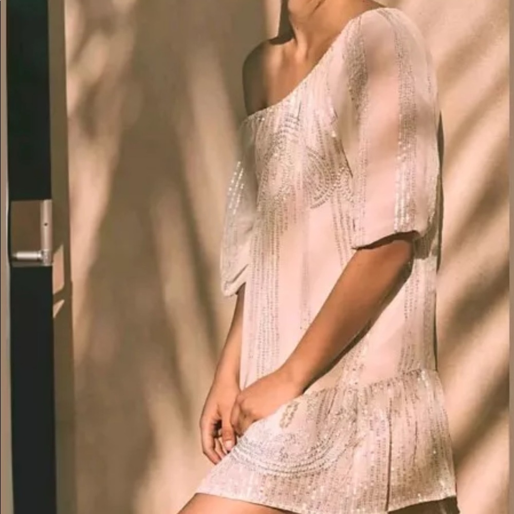 Carolina K Anthro Cream Sequin Dropwaist Dress SzM
